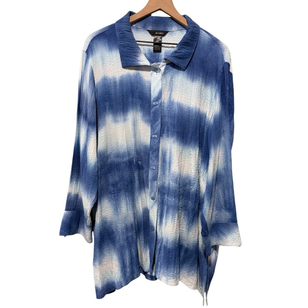 Ali Miles Women 2X Button Tunic Top Artsy Crinkle Tie Dye Lagenlook Blue White